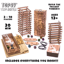 Load image into Gallery viewer, Topsy Timbers - The Incredibly Entertaining, Addictive, & Competitive Tower Building Game Designed & Manufactured from Aromatic Cedar in Our Los Angeles Workshop. Fun for the whole family with elements of chance and sabotauge! The boss went home early leaving you and the crew to manage the timberyard. Grab the keys to the crane, it's time to have some fun... Build a taller tower than your friends before the timberyard runs dry!