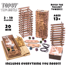 Load image into Gallery viewer, Topsy Timbers - The Incredibly Entertaining, Addictive, &amp; Competitive Tower Building Game Designed &amp; Manufactured from Aromatic Cedar in Our Los Angeles Workshop. Fun for the whole family with elements of chance and sabotauge! The boss went home early leaving you and the crew to manage the timberyard. Grab the keys to the crane, it&#39;s time to have some fun... Build a taller tower than your friends before the timberyard runs dry!