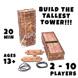 Topsy Timbers - The Incredibly Entertaining, Addictive, & Competitive Tower Building Game Designed & Manufactured from Aromatic Cedar in Our Los Angeles Workshop. Fun for the whole family with elements of chance and sabotauge! The boss went home early leaving you and the crew to manage the timberyard. Grab the keys to the crane, it's time to have some fun... Build a taller tower than your friends before the timberyard runs dry!