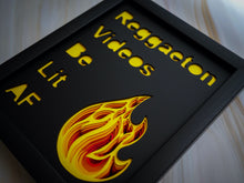 Load image into Gallery viewer, Three Dimensional Laser Engraved Reggaeton Wall Art. Stretches 8'' x 10'' and is Framed In Satin Black Shadow Box. Reggaeton is Lit AF. Laser Cut & Carefully Assembled in Our Los Angeles Workshop and Shipped Out Daily.