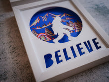 Load image into Gallery viewer, Three Dimensional Laser Engraved Sasquatch Wall Art for the True Believer. Stretches 8'' x 10'' Framed In White Shadow Box. Laser Cut & Carefully Assembled in Our Los Angeles Workshop and Shipped Out Daily.