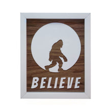 Load image into Gallery viewer, Three Dimensional Laser Engraved Sasquatch Wall Art for the True Believer. Stretches 8'' x 10'' Framed In White Shadow Box. Laser Cut & Carefully Assembled in Our Los Angeles Workshop and Shipped Out Daily.