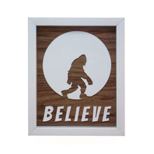 Load image into Gallery viewer, Three Dimensional Laser Engraved Sasquatch Wall Art for the True Believer. Stretches 8&#39;&#39; x 10&#39;&#39; Framed In White Shadow Box. Laser Cut &amp; Carefully Assembled in Our Los Angeles Workshop and Shipped Out Daily.