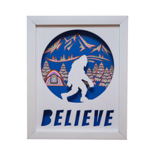Load image into Gallery viewer, Three Dimensional Laser Engraved Sasquatch Wall Art for the True Believer. Stretches 8'' x 10'' Framed In White Shadow Box. Laser Cut & Carefully Assembled in Our Los Angeles Workshop and Shipped Out Daily.