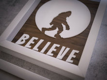 Load image into Gallery viewer, Three Dimensional Laser Engraved Sasquatch Wall Art for the True Believer. Stretches 8'' x 10'' Framed In White Shadow Box. Laser Cut & Carefully Assembled in Our Los Angeles Workshop and Shipped Out Daily.