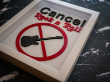 Load image into Gallery viewer, Three Dimensional Laser Engraved Cancel Rock N Roll Wall Art. Stretches 8'' x 10'' and is Framed In Satin Black Shadow Box. Laser Cut & Carefully Assembled in Our Los Angeles Workshop and Shipped Out Daily.