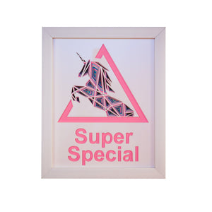 Three Dimensional Laser Engraved Super Special Unicorn Wall Art. Stretches 8'' x 10'' and is Framed In White Shadow Box. Laser Cut & Carefully Assembled in Our Los Angeles Workshop and Shipped Out Daily.