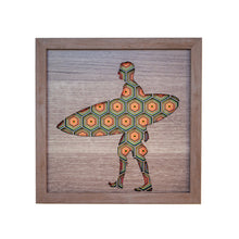 Load image into Gallery viewer, Geometric Three Dimensional Laser Engraved Wall Art.  Surfers Sold Individually or as a Set of Five Works.  Each Piece Stretches 8'' x 8'' and is Framed In Faux Teak.  Perfect Fit for Beach Houses, Surf Shops, & More  Laser Cut & Carefully Assembled in Our Los Angeles Workshop and Shipped Out Daily.