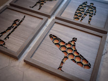 Load image into Gallery viewer, Geometric Three Dimensional Laser Engraved Wall Art.  Surfers Sold Individually or as a Set of Five Works.  Each Piece Stretches 8'' x 8'' and is Framed In Faux Teak.  Perfect Fit for Beach Houses, Surf Shops, & More  Laser Cut & Carefully Assembled in Our Los Angeles Workshop and Shipped Out Daily.