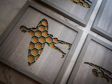 Load image into Gallery viewer, Geometric Three Dimensional Laser Engraved Wall Art.  Surfers Sold Individually or as a Set of Five Works.  Each Piece Stretches 8'' x 8'' and is Framed In Faux Teak.  Perfect Fit for Beach Houses, Surf Shops, & More  Laser Cut & Carefully Assembled in Our Los Angeles Workshop and Shipped Out Daily.