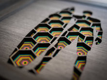Load image into Gallery viewer, Geometric Three Dimensional Laser Engraved Wall Art.  Surfers Sold Individually or as a Set of Five Works.  Each Piece Stretches 8'' x 8'' and is Framed In Faux Teak.  Perfect Fit for Beach Houses, Surf Shops, & More  Laser Cut & Carefully Assembled in Our Los Angeles Workshop and Shipped Out Daily.