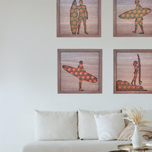 Load image into Gallery viewer, Geometric Three Dimensional Laser Engraved Wall Art.  Surfers Sold Individually or as a Set of Five Works.  Each Piece Stretches 8'' x 8'' and is Framed In Faux Teak.  Perfect Fit for Beach Houses, Surf Shops, & More  Laser Cut & Carefully Assembled in Our Los Angeles Workshop and Shipped Out Daily.