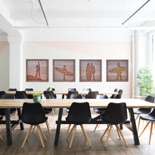 Load image into Gallery viewer, Geometric Three Dimensional Laser Engraved Wall Art.  Surfers Sold Individually or as a Set of Five Works.  Each Piece Stretches 8'' x 8'' and is Framed In Faux Teak.  Perfect Fit for Beach Houses, Surf Shops, & More  Laser Cut & Carefully Assembled in Our Los Angeles Workshop and Shipped Out Daily.