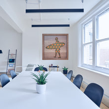 Load image into Gallery viewer, Geometric Three Dimensional Laser Engraved Wall Art.  Surfers Sold Individually or as a Set of Five Works.  Each Piece Stretches 8'' x 8'' and is Framed In Faux Teak.  Perfect Fit for Beach Houses, Surf Shops, & More  Laser Cut & Carefully Assembled in Our Los Angeles Workshop and Shipped Out Daily.