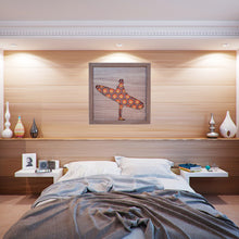 Load image into Gallery viewer, Geometric Three Dimensional Laser Engraved Wall Art.  Surfers Sold Individually or as a Set of Five Works.  Each Piece Stretches 8'' x 8'' and is Framed In Faux Teak.  Perfect Fit for Beach Houses, Surf Shops, & More  Laser Cut & Carefully Assembled in Our Los Angeles Workshop and Shipped Out Daily.