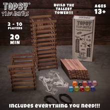 Load image into Gallery viewer, Topsy Timbers - The Incredibly Entertaining, Addictive, & Competitive Tower Building Game Designed & Manufactured from Aromatic Cedar in Our Los Angeles Workshop. Fun for the whole family with elements of chance and sabotauge! The boss went home early leaving you and the crew to manage the timberyard. Grab the keys to the crane, it's time to have some fun... Build a taller tower than your friends before the timberyard runs dry!