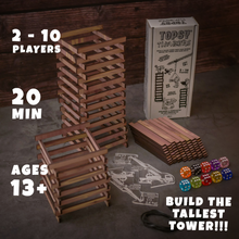 Load image into Gallery viewer, Topsy Timbers - The Incredibly Entertaining, Addictive, & Competitive Tower Building Game Designed & Manufactured from Aromatic Cedar in Our Los Angeles Workshop. Fun for the whole family with elements of chance and sabotauge! The boss went home early leaving you and the crew to manage the timberyard. Grab the keys to the crane, it's time to have some fun... Build a taller tower than your friends before the timberyard runs dry!