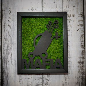 The perfect gift for any golfer who needs help with interior decorating. 3D Laser Cut Push Cart Mafia Wall Art with Turf Grass Background. Stretches 8'' x 10'' Framed In Satin Black Shadow Box. Laser Cut & Carefully Assembled in Our Los Angeles Workshop and Shipped Out Daily.