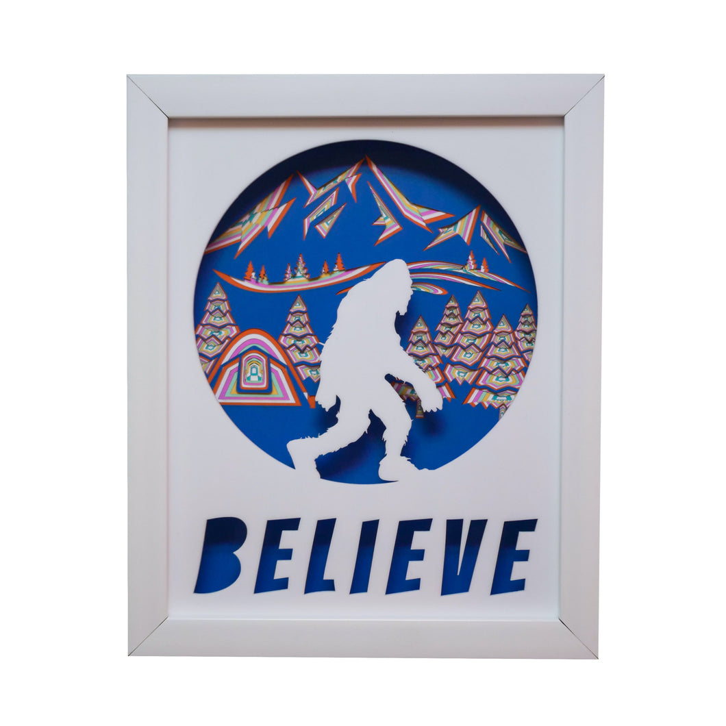 Three Dimensional Laser Engraved Sasquatch Wall Art for the True Believer. Stretches 8'' x 10'' Framed In White Shadow Box. Laser Cut & Carefully Assembled in Our Los Angeles Workshop and Shipped Out Daily.