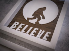 Load image into Gallery viewer, Three Dimensional Laser Engraved Sasquatch Wall Art for the True Believer. Stretches 8&#39;&#39; x 10&#39;&#39; Framed In White Shadow Box. Laser Cut &amp; Carefully Assembled in Our Los Angeles Workshop and Shipped Out Daily.