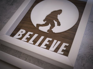 Three Dimensional Laser Engraved Sasquatch Wall Art for the True Believer. Stretches 8'' x 10'' Framed In White Shadow Box. Laser Cut & Carefully Assembled in Our Los Angeles Workshop and Shipped Out Daily.