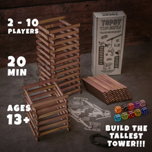 Load image into Gallery viewer, Topsy Timbers - The Incredibly Entertaining, Addictive, &amp; Competitive Tower Building Game Designed &amp; Manufactured from Aromatic Cedar in Our Los Angeles Workshop. Fun for the whole family with elements of chance and sabotauge! The boss went home early leaving you and the crew to manage the timberyard. Grab the keys to the crane, it&#39;s time to have some fun... Build a taller tower than your friends before the timberyard runs dry!